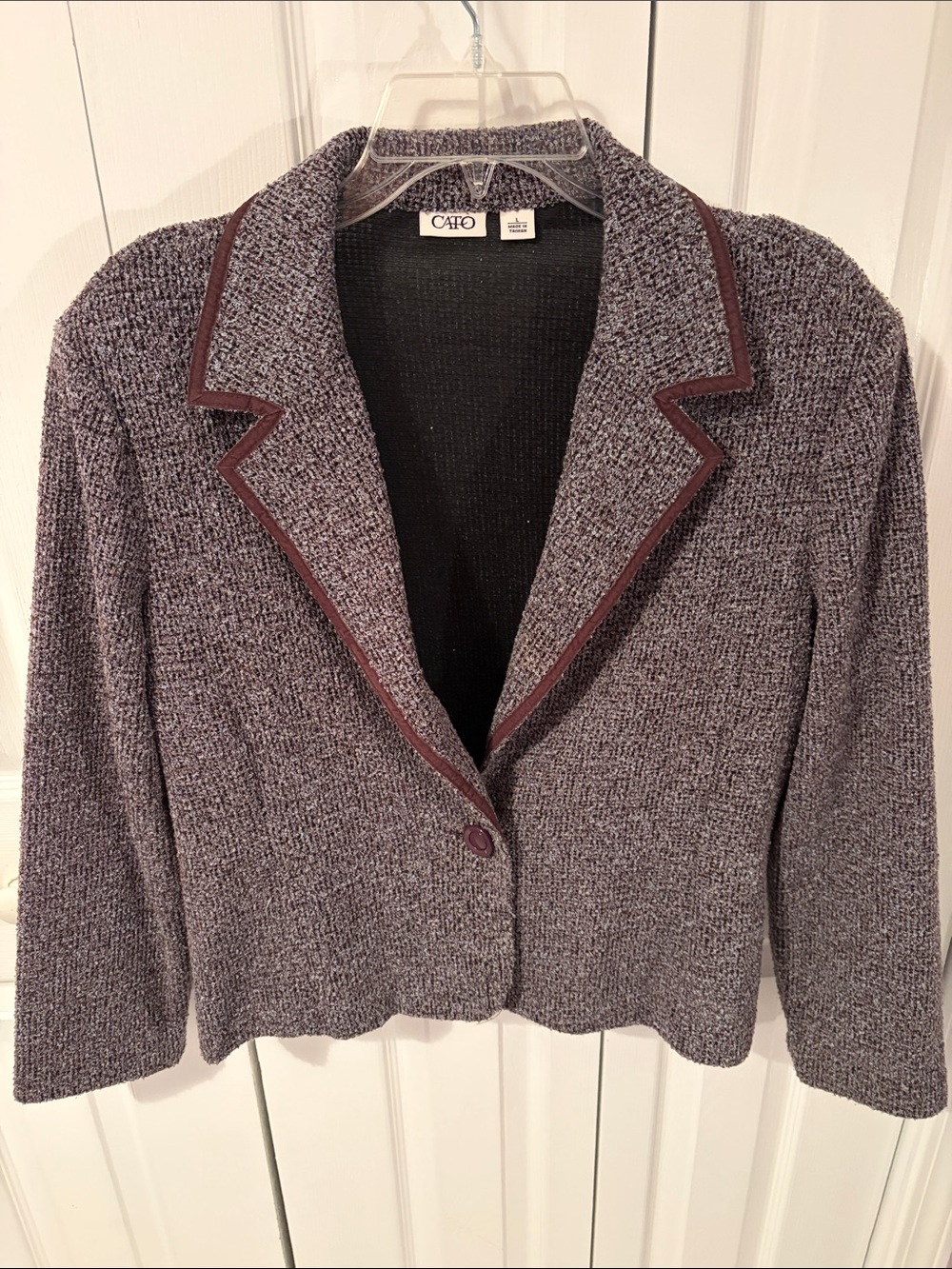 Cato Heathered Gray Knit Blazer with Brown Trim